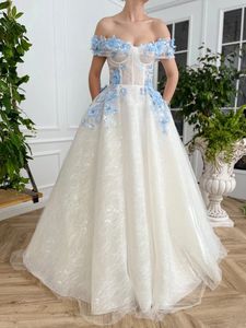 Prinses prom jurk organza tule vloer lengte formeel korset lijfje wit etherische bluebell 3D bloembal jurk van de schouder een lijn