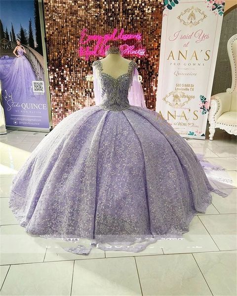 Princess Purple Sweetheart Ball Robe Quinceanera Robe pour filles Robes de fête d'anniversaire perlées Robes de bal avec vestido de Cape Bow