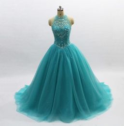 Princess Quinceanera Robes 2020 turquoise Crystal Tulle Sweet 16 Robes 15 ans Robe de bal