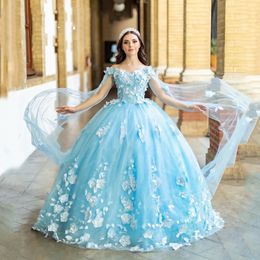 Princesse Quinceanera Robes 2024 Chérie Corset Robe De Bal Pour Lady Sweetie 15 Ciel Bleu Tulle 3D Fleur Avec Cape Quinceanera Robe