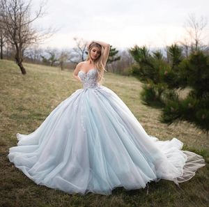 Vestidos de princesa Quinceañera, vestido de baile, escote en forma de corazón, tul azul claro, tren largo, apliques de flores 3D, 15 años, dulces 16 vestidos