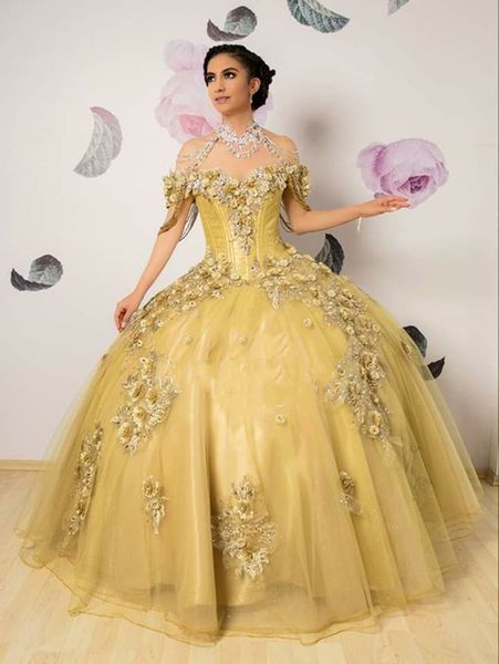 Vestidos de quinceañera de princesa Apliques florales dorados en 3D Vestido de fiesta con hombros descubiertos y encaje Vestido de fiesta dulce 16 para niñas Mangas cortas Corsé con cuentas Vestidos para ocasiones especiales