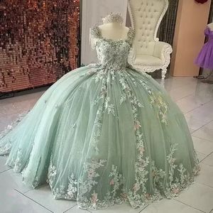 Robes de princesse Quinceanera en dentelle sauge avec des appliques florales, magnifique robe de bal pour filles, tenue de soirée perlée, col en cœur, grande taille, robes formelles