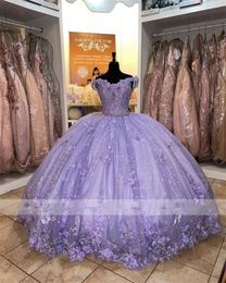 Princesse Quinceanera dentelle robes violettes robe de bal 2023 épaule perlée fleurs 3D robes de fête d'anniversaire robes De 15 Anos s