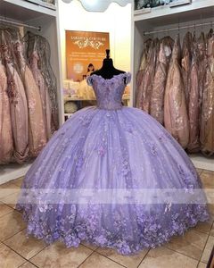 Prinses Quinceanera Kant Paarse Jurken Baljurk 2023 Off Schouder Kralen 3D Bloemen Verjaardagsfeestje Jurken Vestidos De 15 Anos s