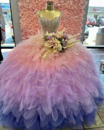 Princess Quinceanera Robes roses 2024 Perles chérie robe de bal en cristal doux 16 robes de fête fille fille d'anniversaire s s