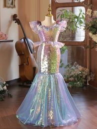 Princess Rainbow Flower Girl -jurken 2024 Blingbling lovertjes schattige juweel nek grote boog vleugel geapplabeerde ruches mermaid peuter babymeisje verjaardagsfeestje promjurken