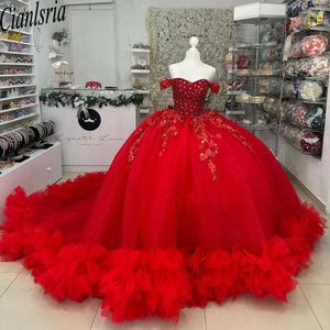 Princesse rouge dentelle Appliques Quinceanera robes hors de l'épaule perlée robe de bal robe de princesse Corset robes de 15