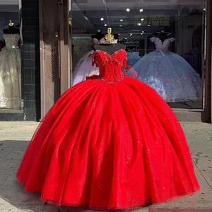 Princesse rouge Quinceanera robes manches courtes paillettes perles doux 16 robe Satin robes De 15 Anos