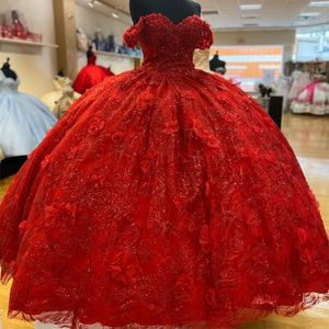 Princesse rouge brillant chérie hors de l'épaule robe de bal robes de Quinceanera pour les filles perlées robes de soirée de célébrité fleurs 3D Graduation