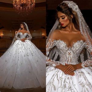 Prinses Koninklijke baljurk trouwjurken Pure off-shoulder lange mouwen Arabische Dubai bruidsjurken Sweep Trein kanten pailletten bruidjurk