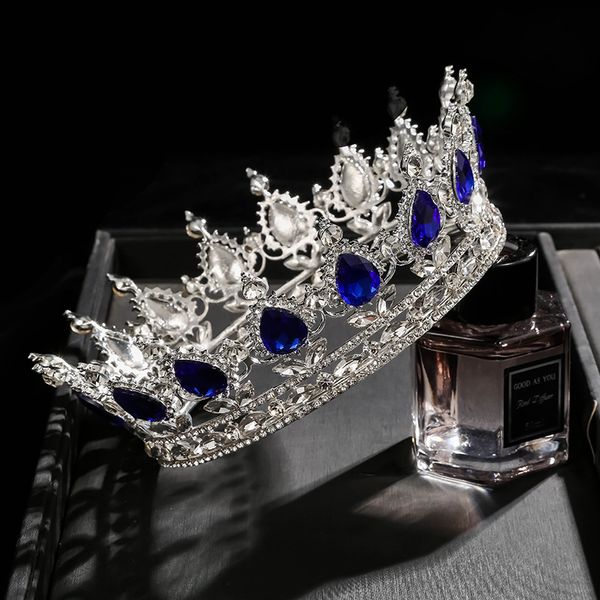 Princesse Royal Blue Crystal Tiara Couronnes complètes Rouge Argent Strass Casque Accessoires De Mariage Quinceanera Diadèmes De Mariage Bijoux De Mariée