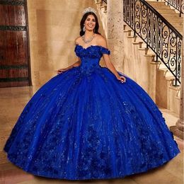 Prinses Royal Blue Quinceanera Dress Off Shoulder Sweetheart Beading met 3d Flowers Ball Jurk Elegante Tule -jurken