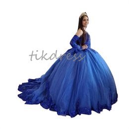 Princess Royal Blue Quinceanera Robes avec paillettes charro chérie Luxury Vestido de 15 Anos Quinceanera 2024 Appliques seize ans de fête d'anniversaire Sweet 16
