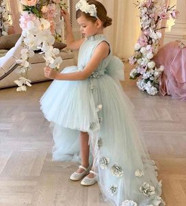 Prinses salie bloemenmeisje jurken High Neck Hand Made Bloemen Gilrs Pageant Hi-Lo Little Kids First Communion-jurk met Bow Tule