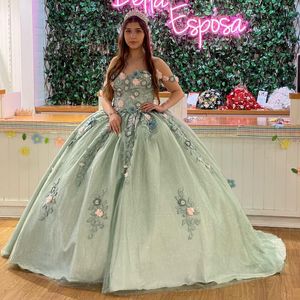 Principessa Salvia Verde Lucido Abiti Quinceanera Fiori 3D Cristallo Prom Compleanno Dolce 16 Abito Corsetto con lacci Abiti da 15 Anos
