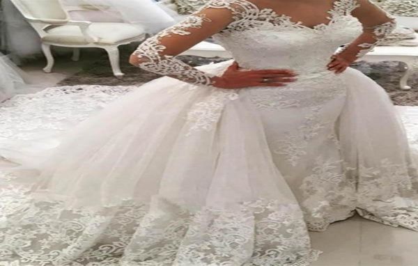 Princesa Ver a través del vestido de novia de la vaina de encaje en el cuello con tren desmontable Manga larga Aplicación de novia de espalda abierta Aplique 38887084