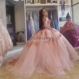 Princesse Paillettes Rose Quinceanera Robes 2023 Sparkle Manches Longues Luxe Robe De Bal Bling Doux 15 Robe Anniversaire Bal Robes De Fête Robes Para Xv Anos vestidos de 16