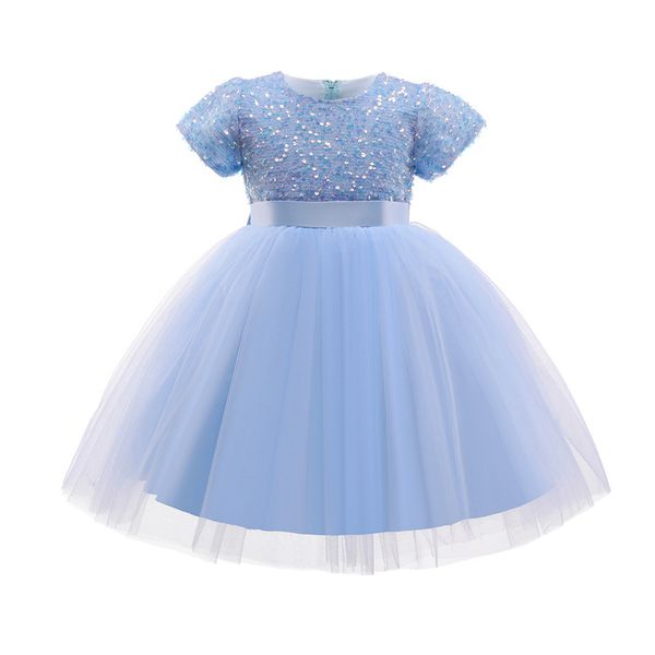 Princesa Lentejuelas Vestidos de niña de las flores Niñas Ropa de fiesta formal Lindo Una línea Mangas cortas Azul cielo Rosa Blanco Bautizo Vestidos de comunión