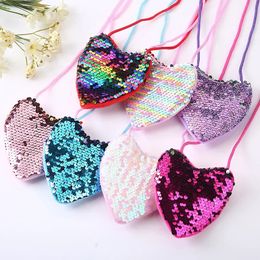 Princess Sequins Heart Shape Baby Bag Baby Baby Color Solid Kid Monin Purso para Niños Niños para niños brillantes Bolsos de hombro 240428