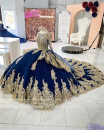 Prinses Sheer O nek Quinceanera jurken marineblauw kralen veter beroemde appliques afstuderen prom Vestido de 15 anos sweet