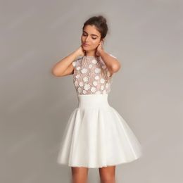 Prinses korte trouwjurk bloem romantische mini rok o nek dop mouw sexy backless bruid feestjurken vestidos novia robr de mariee