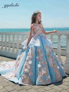 Princesse Ciel Bleu Robes De Fille De Fleur Pour Le Mariage 2023 Appliques Balayage Train Pageant Fête D'anniversaire Enfants Première Communion Robes