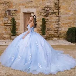 Prinses Sky Blue Quinceanera Off Shoulder Lace Appliques Crystal Ball Jurk Sweet 16 Jurken Vestidos de 15 anos Custom