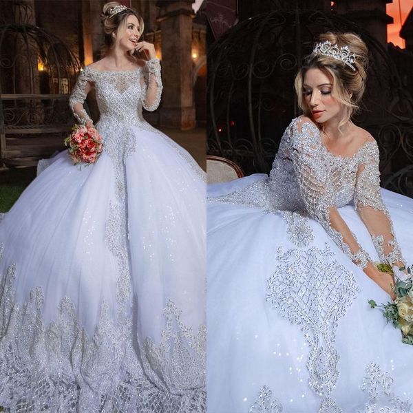 Princesa Sparkly Ball Gown Vestidos de novia 2023 Off Shoulder Lace Beading Manga larga Vestidos de novia Robe De Mariee Vestidos de novia