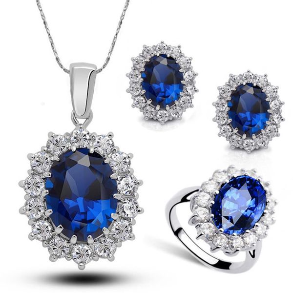 Princess The Same Sapphire Ring Boucles d'oreilles Collier Set Ladies Crystal Diamond Jewelry Europe et Corée du Sud INS Net Red Models232D