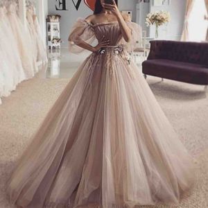Prinses tule prom jurken met halve mouwen uit de schouder plooien appliques formele avondjurk plus size goedkope feestjurken