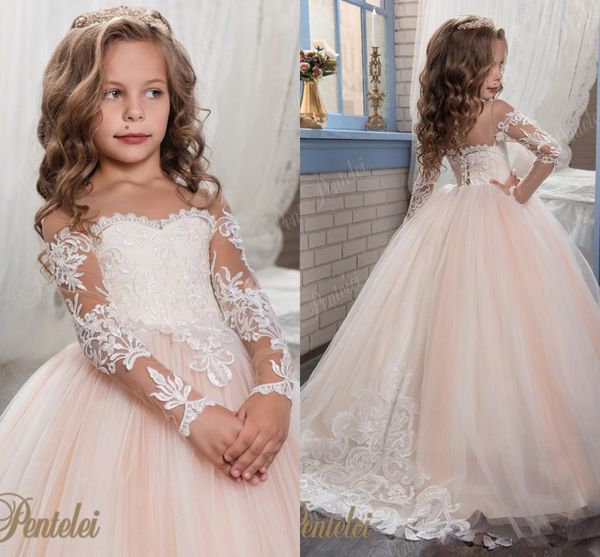 Princesse Vintage Perlé Arabe 2017 Robes De Fille De Fleur Manches Longues Sheer Cou Robes D'enfant Belles Robes De Mariée De Fille De Fleur