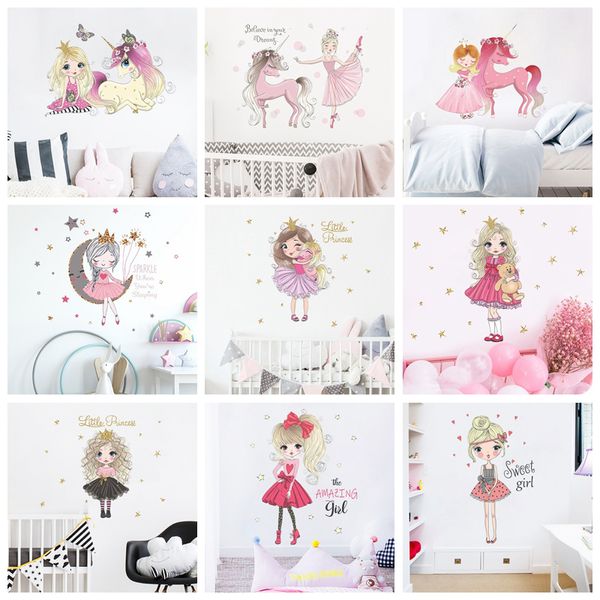 Pegatinas de pared de princesa, pegatinas de unicornio de dibujos animados, decoración de pared decorativa de vinilo, póster para habitaciones de niños y niñas, pegatina de pared de Ballet para niña