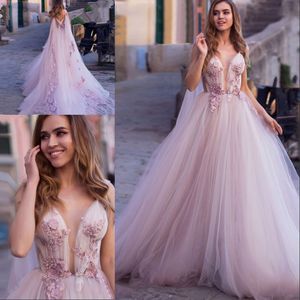 Prinses Trouwjurk 2019 3D Bloemen Mouwloze Applicaties Kant Tulle Illusion Pink Turkije Bruiloft Bruid Toga's met Wrap
