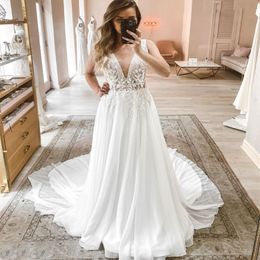 Robe de mariée princesse en V manchette Boho Longueur de plancher civil rustique Train Train en mousseline de mousseline de mairee charmante pour les femmes