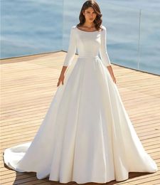 Vestido de novia de princesa con mangas de tres cuartos satin beach con vestidos de novia simples vestidos modestos de noiva