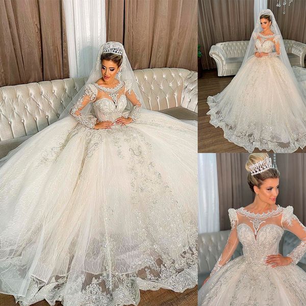 Robes de mariée princesse manches longues dentelle appliqué perles robes de mariée sur mesure balayage Train une ligne grande taille