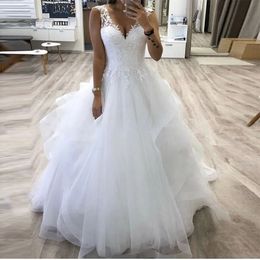 Robe de mariée princesse blanche ligne A, jupe bouffante en Tulle à plusieurs niveaux, sans manches, longue longueur au sol, 2024