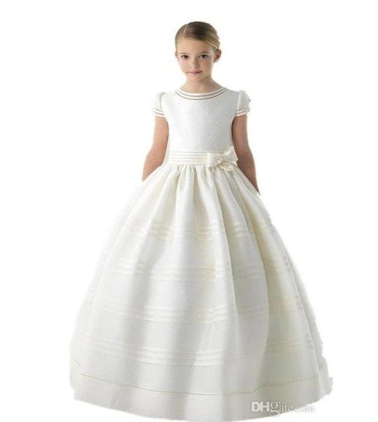 Vestidos De primera comunión blancos De princesa, vestido De fiesta De boda con flores pequeñas para niñas, Vestidos De satén De manga corta 20229693409