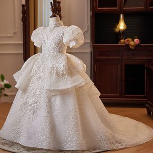 Princess White Flower Girl -jurken voor bruiloft Nieuwe kanten Appliqued Beads Pageant -jurken Satijnen vloerlengte gegolfd First Holy Communion Jurk verjaardagsfeestje
