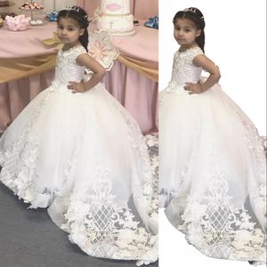 Princesa de encaje blanco vestidos de niña de flores 3d flores florales barrido tren joya ilusión gilrs concurso de niños pequeños primer vestido de comunión 403