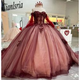Robe de bal de bal à vins princesse Quinceanera 2024 3D Fleurs Sweet 16 Robe Vestidos Birthday Party Robe Appliques de dentelle