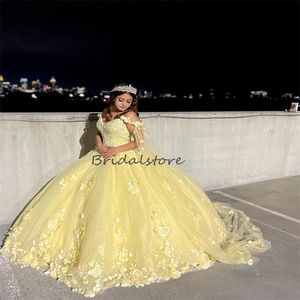 Princess Yellow Quinceanera Dress 2023 Mexican Vestidos Para Xv 15 Birthday Party Gown Sweet 16 3D Flowers Luxury Cape Prom Dress Corset Debutante Vestios 15 anos