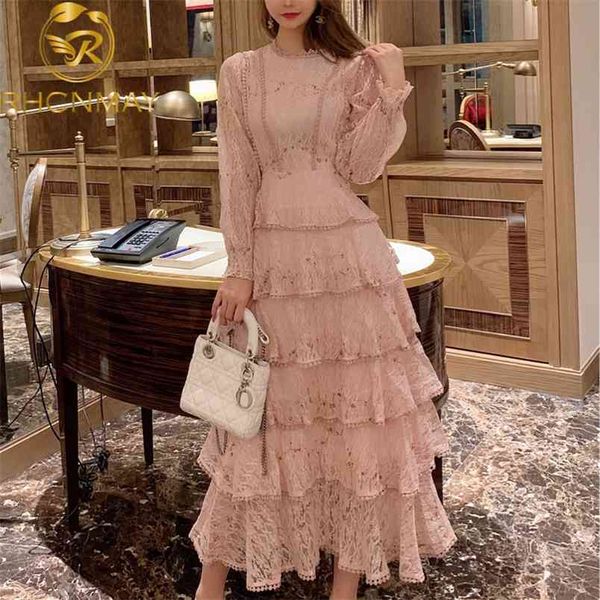 Pring été rose dentelle broderie Maxi robe femme manches longues taille haute à volants élégant longues robes de soirée femme 210506