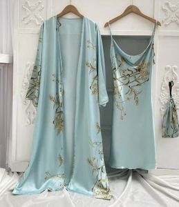Print 2 stuks Gewaad Slaap Pak Vrouwen Bruids Kimono Badjas Gown Lingerie Satijn VNeck Nachtkleding Band Nachtjapon Loungewear 240201