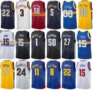 Afdrukken Basketbal Julian Strawther Jersey 3 City Zeke Nnaji 22 Reggie Jackson 7 Peyton Watson 8 Christian Braun 0 Justin Holiday 9 Paars Wit Marineblauw Team Heren Kinderen