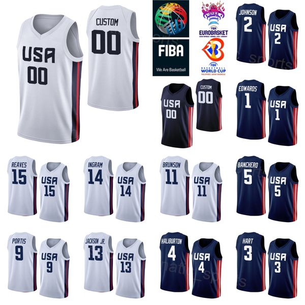 Imprimer Coupe du monde de basket-ball 2023 US Tyrese Haliburton Maillots États-Unis 4 Jalen Brunson 11 Anthony Edwards 1 Austin Reaves 15 Brandon Ingram 14 Jaren Jackson Jr 13