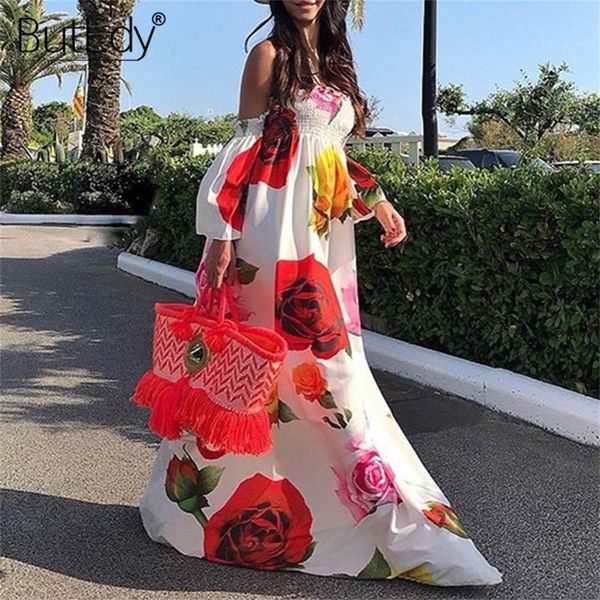 Imprimir Big Red Floral Flower Long Floor-Length Maxi Dress Mujeres 2020 Sexy Strapless Summer Beach Dress Boho Bohemian Sundress LJ200818