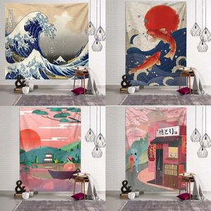 Couverture imprimée Kanagawa Wave, tapisserie murale suspendue, lit bohème, Hippie, Illustration japonaise, Kawaii, décoration de chambre à coucher, maison, 240127