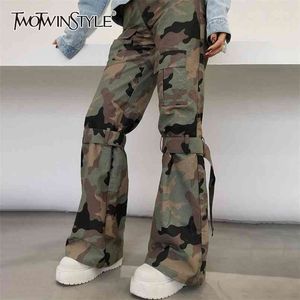 Imprimer Camouflage Pantalon à jambes larges pour femmes Taille haute Hit Couleur Casual Pantalon cargo droit Femme Mode 210521